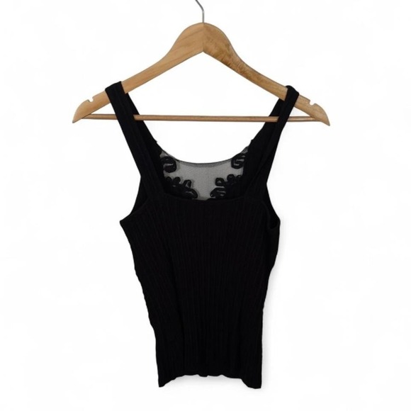 Cambridge Dry Goods Ribbed Lace Mesh Tank Top Black Stretch Y2K Small - Picture 2 of 4